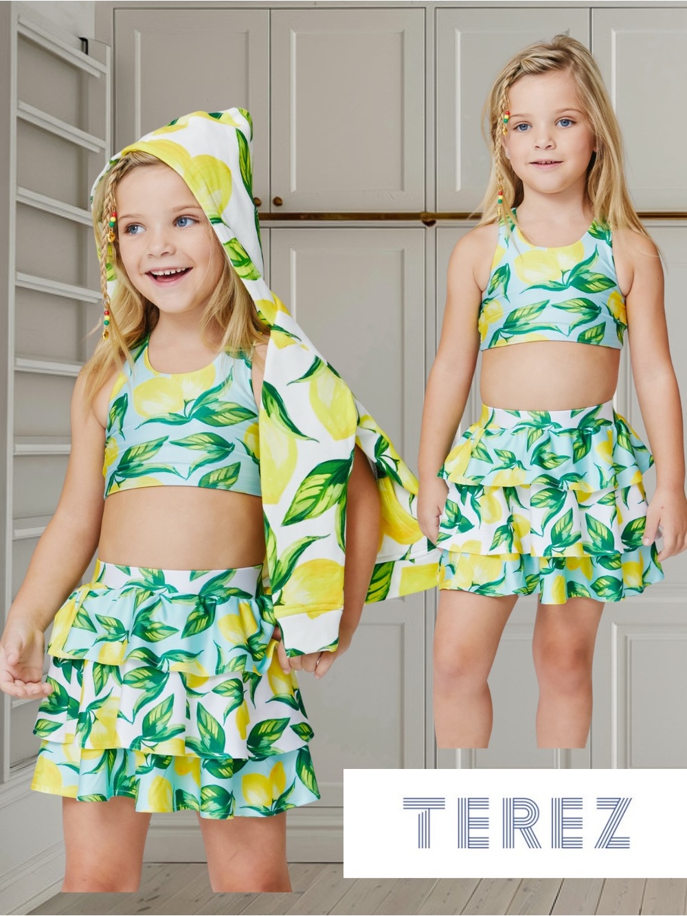🍋Terez Girls Aqua Lemon Spritz Two Piece Set Sports Bra Tiered Skirt Size 5 🍋